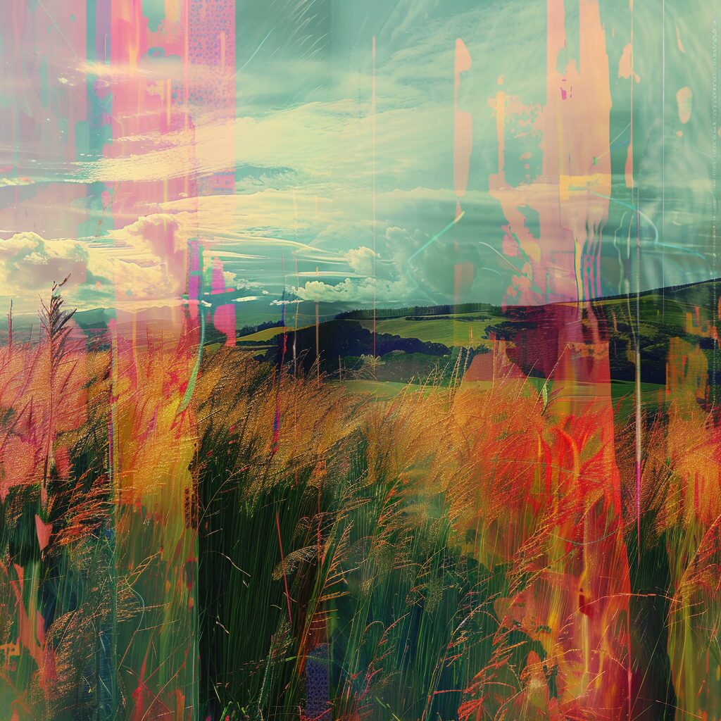 A glitchy landscape photo of farming hills but with interesting flares across it depicting Transdisciplinary Approaches to climate change